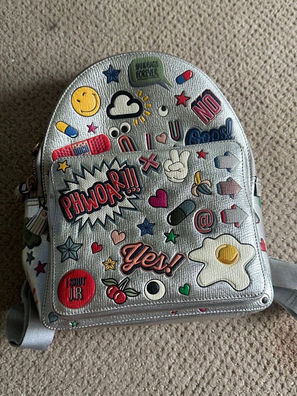 Anya Hindmarch Silver Sticker Backpack Eyes Patch Leather